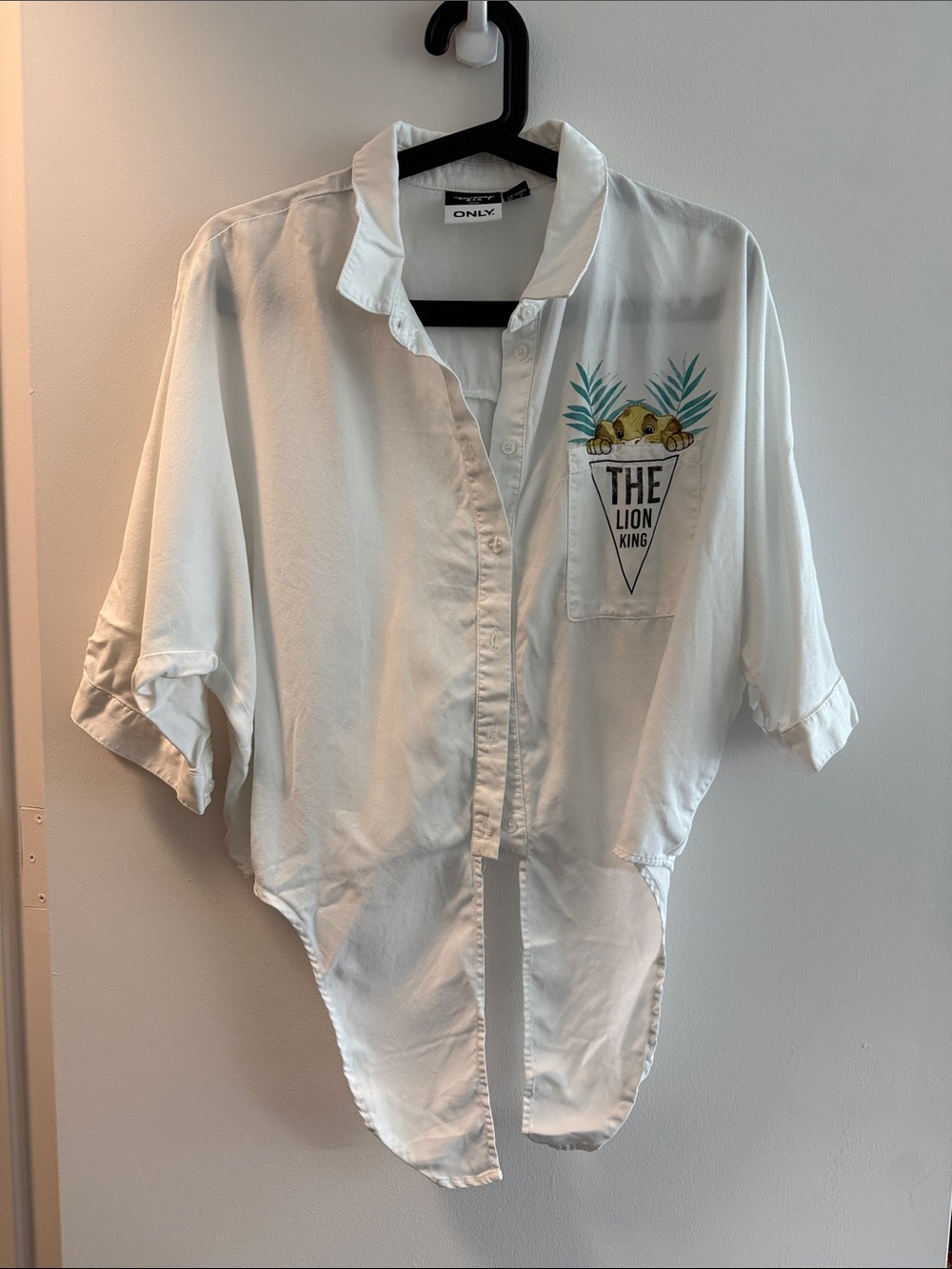 ONLY White Button-Up Blouse with Lion King Pocket Art